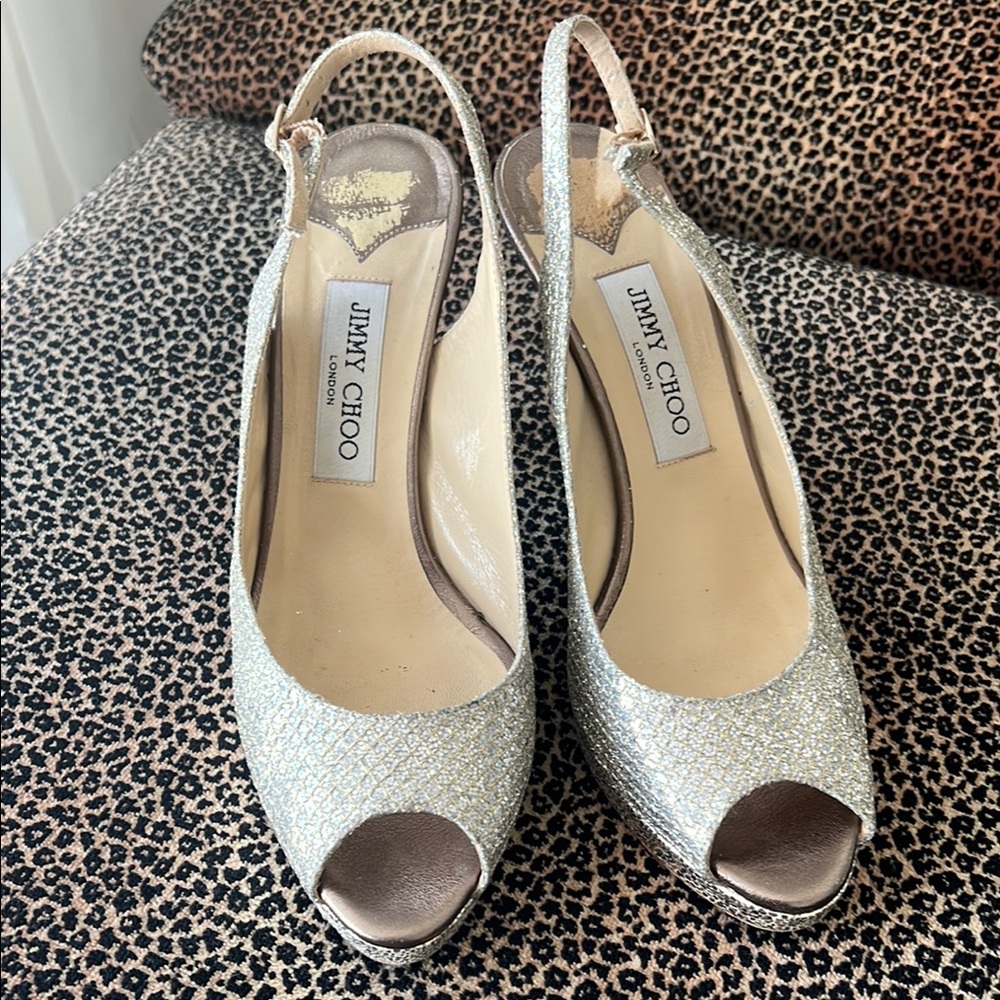 Jimmy Choo Silver Peep Toe Slingback Heels